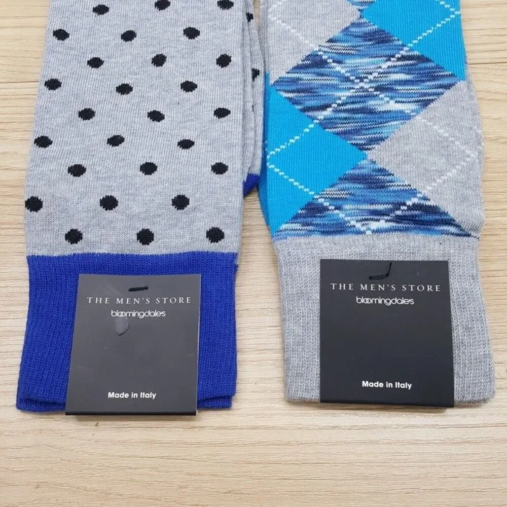 BLOOMINGDALES MENS STORE Crew Socks Sz 10-13 Blue Gray Argyle Diamond Dot Italy